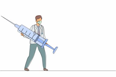 Tek sıra halinde, erkek doktor aşı ile büyük bir şırınga tutuyor. Doktor salgını önler. Aşı konsepti. Covid-19 virüsü. Dinamik bir çizgi çizer grafik tasarım vektörü çizer