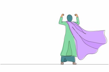 Tek sıra halinde geri çekilen süper Arap iş kadını. Güçlü pozlarda bir kadın. İş hayatında başarı ve zafer. Pelerinli süper kahraman. Bir çizgi çizimi grafik tasarım vektör çizimi