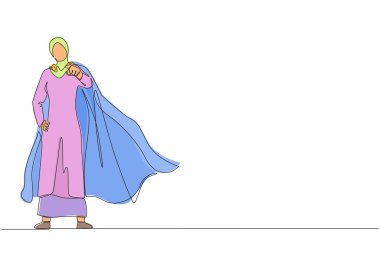 Tek sıra halinde, süper kahraman pelerinli Arap iş kadınlarını çekiyor. Lider veya patron hedef göstererek strateji geliştirmeyi hedefler. Devamlı çizgi çizimi tasarım vektörü illüstrasyonu