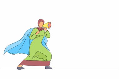 Arap süper kahramanının megafonla konuştuğu bir satır devam ediyor. Pelerinli bir süper kahraman, elinde megafon tutan mutlu bir iş kadını, başarılı bir takım lideri. Tek çizgi çizimi tasarım vektörü grafik çizimi