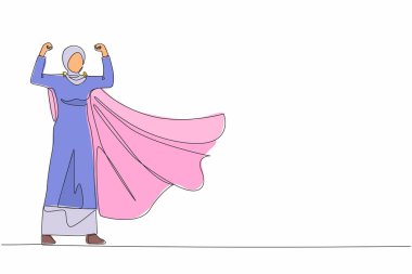 Tek satır Arap iş kadını süper kahraman karakter, ofis çalışanı kadın süper kahraman. Pelerinli ya da pelerinli, süper kahraman pozunda duran bir iş kadını. Devamlı çizgi çizimi grafik vektörü