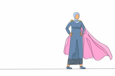 Tek sıra halinde, süper kahraman pelerini giyen Arap iş kadınlarını çekiyor. Süper kahraman gibi giyinmiş bir iş adamı. Başarılı iş kadını, pelerinli süper kahraman. Bir çizgi grafik tasarım vektörü