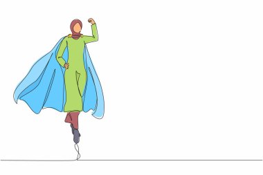 Tek çizgi halinde süper kahraman güçlü kas gösteriyor. Süper kahraman memur iş başında. Arap iş kadını karakter süper kahraman. Ofis çalışanları. Aralıksız çizgi çizimi tasarım grafik vektör çizimi