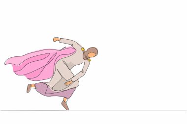 Sürekli bir çizgi halinde süper kahraman Arap iş kadını sorununu çözüyor. Engelleri ortadan kaldırmak. Kazanmak için motivasyon, güvenilir liderlik. Tek çizgi çizimi tasarım vektör çizimi