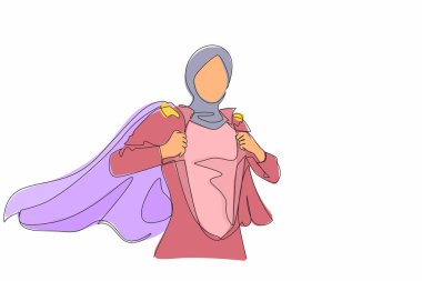 Sürekli bir çizgi, iş tesettüründe tişört giyen güzel genç bir kadın çiziyor. Başarılı bir Arap iş kadını. Kahraman, gömleğini yırtıyor. Tek çizgi çizimi tasarım vektörü grafik çizimi