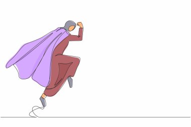 Tek sıra halinde, süper kahraman Arap iş kadını savuşturuyor. Kadın süper kadın kostümü ve dövüş üstüne manto giymiş. Zafer, kazanan konsept. Bir çizgi çizimi tasarım vektörü illüstrasyonu