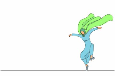 Sürekli olarak, Arap iş kadını süper kahraman pelerinli kadını çiziyor. Gökyüzünden başarılı bir süper kahraman indi. Liderlik, hedefe ulaşmak için meydan oku. Tek çizgi çizimi tasarım vektörü grafik çizimi