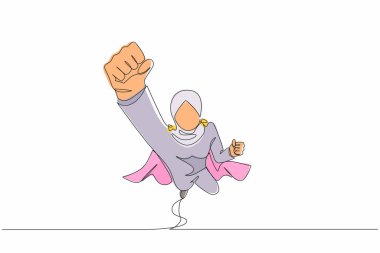 Tek sıra halinde, pelerin giyen süper kahraman Arap iş kadını. Yönetici, kollarını sıkarak uçuyor. Süper iş kadını öne doğru uçuyor. Devamlı çizgi çizimi grafik vektörü