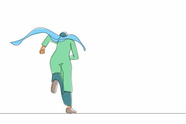 Ofise koşan Arap iş kadını süper kahraman hakkında sürekli bir bakış açısı. Güçlü iş kadını fikirlere, yeniliğe hevesli. Tek çizgi çizimi tasarım vektörü grafik çizimi