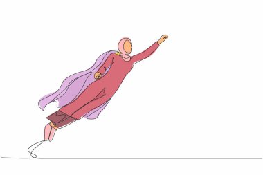 Süper Arap iş kadınını çeken tek sıra yumruğunu kaldırdı ve havada uçtu. İş dünyasının süper kahramanı, finans, büyüme, kariyer, lider. Bir çizgi çizimi grafik tasarım vektör çizimi