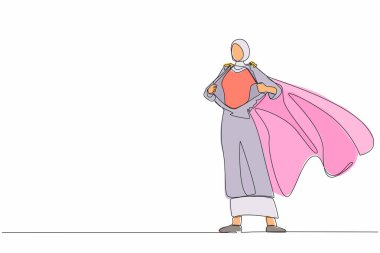 Aralıksız olarak çizdiği bir çizgi, güçlü bir süper kahramanın gerçek kimliğini ortaya koyuyor. Süper kahraman tişörtünü yırtıyor ve kostüm giyiyor. Tek çizgi çizimi tasarım vektörü grafik çizimi