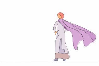 Tek sıra halinde, pelerinli süper kahraman rüzgarda çırpınıyor. Sırtında duruyor. Başarılı bir Arap iş kadını kahramanı. İş başarısı, liderlik ve zafer. Devamlı çizgi tasarım grafik vektörü