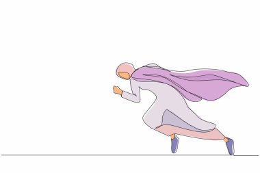 Süper Arap iş kadınının hızlı koştuğu tek sıra. İş dünyasının süper kahramanı göreve koşuşturuyor, iş konsepti hedefi, başarı, başarı. Aralıksız çizgi çizimi tasarım grafik vektör çizimi