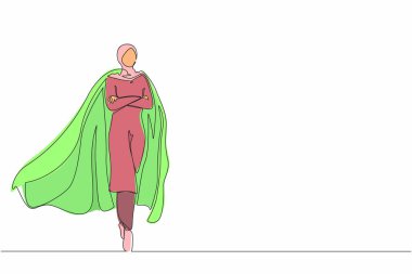 Bir satırda belirlenmiş Arap iş kadını ya da ofis çalışanı süper kahraman pelerinli. İş hayatında liderlik ve güç kavramı. Aralıksız çizgi çizimi tasarım grafik vektör çizimi