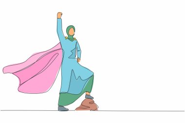 Ofis tesettüründeki süper kahraman Arap iş kadını pelerinle yukarıya doğru uçuyor. Başarılı olduğu için sevinçli bir kadın yumruğunu kaldırıyor. Bir çizgi çizimi grafik tasarım vektörü