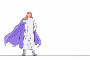 Tek sıra halinde, süper kahraman pelerinli Arap iş adamını çekiyor. Lider veya patron hedef göstererek strateji geliştirmeyi hedefler. Devamlı çizgi tasarımı grafik vektör illüstrasyonu