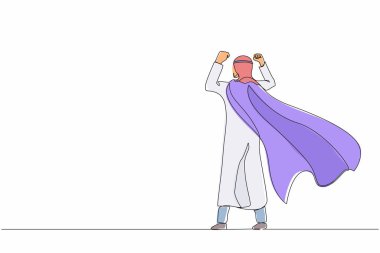 Süper Arap iş adamını geri çekmeyi sürdürüyor. Güçlü pozlarda genç bir adam. İş hayatında başarı ve zafer. Pelerinli süper kahraman. Tek çizgi çizimi tasarım vektörü grafik çizimi