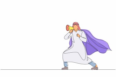 Tek satır halinde süper kahraman megafonla konuşuyor. Pelerinli süper kahraman, mutlu Arap iş adamı elinde megafon, başarılı takım lideri. Aralıksız çizgi çizimi tasarım grafik vektör çizimi