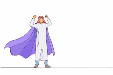 Arap iş adamı süper kahraman karakteri, ofis çalışanı erkek süper kahraman. Pelerinli ya da pelerinli bir adam, süper kahraman pozunda duruyor. Bir çizgi çizimi grafik tasarım vektör çizimi