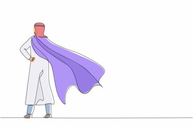 Aralıksız tek sıra halinde kendine güvenen Arap işadamı peleriniyle dikiliyor. Başarılı bir süper kahraman girişimci olarak. Liderlik, başarı ve kariyer. Tek çizgi çizimi tasarım vektörü grafiği