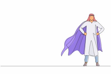 Süper kahraman pelerini giyen Arap işadamlarının çizdiği bir çizgi. Süper kahraman gibi giyinmiş bir iş adamı. Başarılı iş adamı süper kahraman. Tek çizgi tasarım vektör grafik çizimi