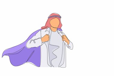 Tek sıra halinde, iş hayatında Arap kıyafetleri içinde gömlekli yakışıklı bir genç çiziyor. Başarılı Arap iş adamı. Kahraman, gömleğini yırtıyor. Bir çizgi çizimi grafik tasarım vektör çizimi