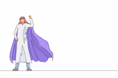 Tek çizgi halinde süper kahraman güçlü kas gösteriyor. Süper kahraman memur iş başında. Arap iş adamı karakteri süper kahraman. Ofis çalışanları. Aralıksız çizgi çizimi tasarım grafik vektör çizimi