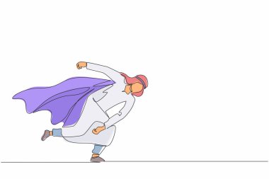 Süper kahraman Arap iş adamının sorunu çözmesini sağlayan tek satır devam ediyor. Engelleri ortadan kaldırmak. Kazanmak için motivasyon, güvenilir liderlik. Tek çizgi tasarım vektör grafik çizimi