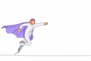 Süper Arap iş adamının yumruklarını sürekli çeken tek çizgi, çalışan süper kahraman uçuşu, iş konsepti gücü, başarı ve zorlukların üstesinden gelmek. Bir çizgi grafik tasarım vektör çizimi