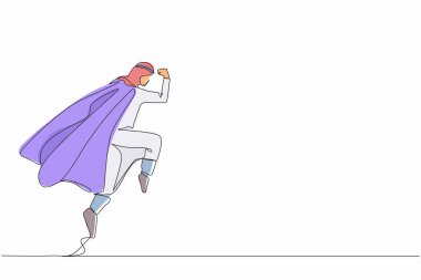 Tek sıra halinde, süper kahraman Arap iş adamını savuşturuyor. Süpermen kostümü ve manto giymiş adam dövüşten sonra ayakta duruyor. Zafer, kazanan konsept. Bir çizgi çizimi grafik tasarım vektör çizimi