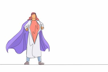 Genç Arap iş adamının çizdiği tek sıra güçlü süper kahramanın gerçek kimliğini açığa çıkarıyor. Süper kahraman tişörtünü yırtıyor ve kostüm giyiyor. Bir çizgi çizimi grafik tasarım vektör çizimi