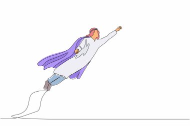 Süper Arap iş adamı sürekli bir çizgi çekiyor yumruğunu kaldırıyor ve havada uçuyor. İş dünyasının süper kahramanı kavramı, finansal, büyüme, kariyer. Tek çizgi çizimi tasarım vektörü grafik çizimi