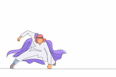 Aralıksız tek sıra halinde, güçlü bir harekette süper kahraman mantosuyla Arap iş adamlarını kendine çekiyor. Ofis çalışanı kariyer başarısı için savaşmaya hazır. Bir çizgi çizimi grafik tasarım vektör çizimi