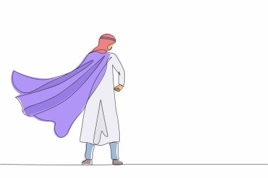 Tek sıra halinde pelerinli süper kahraman rüzgarda çırpınıyor. Sırtını kolluyor. Başarılı Arap iş adamı kahramanı. İş başarısı, liderlik, zafer. Bir çizgi grafik tasarım vektörü