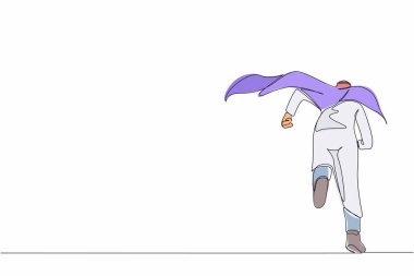 Ofise koşan iş adamı süper kahramanının arka plandaki durmaksızın çizgisi. Güçlü Arap iş adamı fikirler ve yenilikler konusunda hevesli. Tek çizgi çizimi tasarım vektörü grafik çizimi