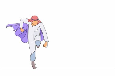 Devamlı tek sıra halinde koşan bir iş kahramanı. Cape super kahraman eylemleri yapan Arap iş adamı. Profesyonel güçlü süper kahramanlar. Başarı, liderlik. Bir çizgi çizimi grafik tasarım vektörü