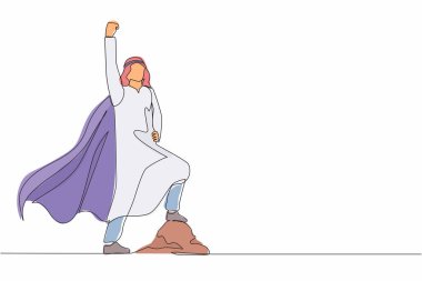 Tek sıra halinde, Arap elbiseli süper kahraman Arap iş adamını pelerinle yukarı doğru uçmaya zorluyor. Neşeli adam başarısından dolayı sevinçle yumruğunu kaldırıyor. Bir çizgi çizimi grafik tasarım vektörü