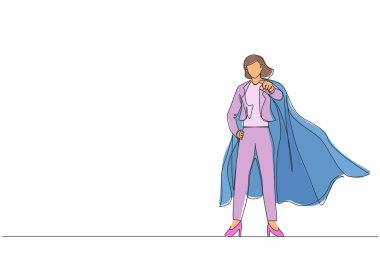 Tek sıra halinde süper kahraman pelerinli bir iş kadını. Lider ya da patron hedef göstererek strateji geliştirmeyi hedefler. Devamlı çizgi tasarımı grafik vektör illüstrasyonu