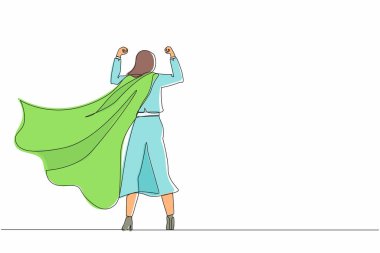 Devamlı tek sıra halinde, geriye doğru bakan süper iş kadını. Güçlü tabanlı ve takım elbiseli hoş bir kadın. İş hayatında başarı ve zafer. Pelerinli süper kahraman. Tek çizgi çizimi tasarım vektörü grafik çizimi