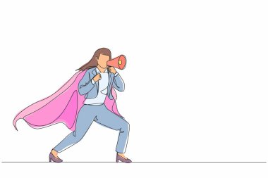 Megafonla konuşan genç süper kahramanı çizen tek satır. Pelerinli bir süper kahraman, elinde megafon tutan mutlu bir iş kadını, başarılı bir takım lideri. Aralıksız çizgi çizimi tasarım grafik vektör çizimi