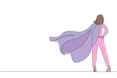 Tek sıra halinde, takım elbiseli ve pelerinli kendine güvenen bir iş kadını. Başarılı bir süper kahraman girişimci olarak. Liderlik, başarı ve kariyer. Bir çizgi çizimi grafik tasarım vektörü