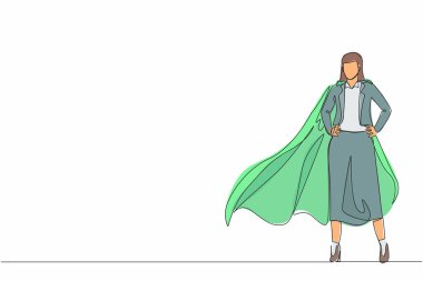 Süper kahraman pelerini giyen iş kadınlarını çeken tek sıra. Süper kahraman gibi giyinmiş bir iş adamı. Başarılı iş kadını, pelerinli süper kahraman. Bir çizgi çizimi grafik tasarım vektörü