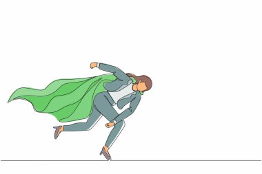 Tek satır halinde, süper kahraman iş kadını sorununu çözüyor. Engelleri ortadan kaldırmak. Kazanmak için motivasyon, güvenilir liderlik. Devamlı çizgi tasarımı grafik vektör illüstrasyonu