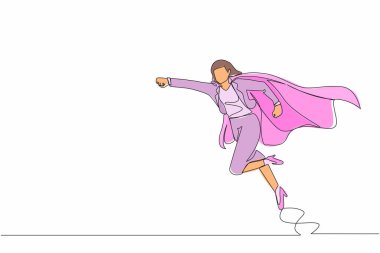 Tek satır çizen süper iş kadını yumrukları, çalışan süper kahraman pozu, çalışan süper kahraman uçuşu, iş konsepti gücü, başarı ve zorlukların üstesinden gelmek. Aralıksız çizgi çizimi tasarım grafik vektör çizimi
