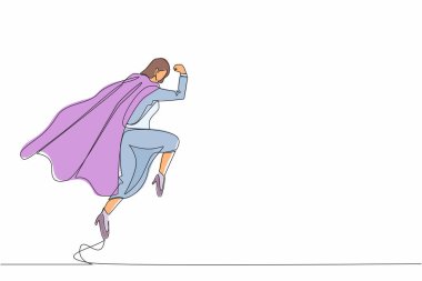 Devamlı bir çizgi, süper kahraman iş kadını savuşturma darbesi. Kadın süper kadın kostümü ve dövüş üstüne manto giymiş. Zafer, kazanan konsept. Tek çizgi tasarım vektör grafik çizimi