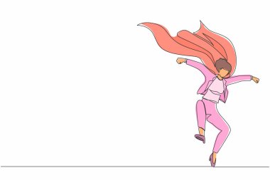 Tek sıra halinde pelerinli kadın iş kadını süper kahraman. Gökyüzünden başarılı bir süper kahraman indi. Liderlik, hedefe ulaşmak için meydan oku. Dinamik bir çizgi grafik tasarım vektörü