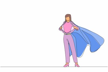 Güçlü bir süper kahramanın gerçek kimliğini ortaya koyan tek sıra iş kadını. Süper kahraman tişörtünü yırtıyor ve kostüm giyiyor. Dinamik bir çizgi çizer grafik tasarım vektörü çizer