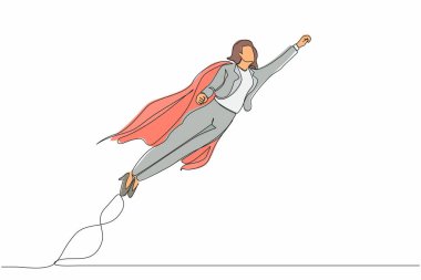 Süper iş kadını çizen sürekli bir çizgi. Yumruğunu kaldırdı ve havada uçtu. İş dünyasının süper kahramanı kavramı, finansal, büyüme, kariyer, lider. Tek çizgi çizimi tasarım vektörü grafik çizimi