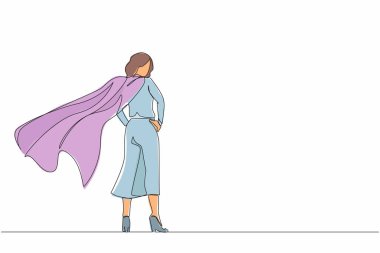 Tek sıra halinde pelerinli süper kahraman rüzgarda çırpınıyor. Sırtında duruyor. Başarılı bir iş kadını kahramanı. İş başarısı, liderlik ve zafer. Bir çizgi çizimi grafik tasarım vektörü
