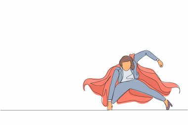 Devamlı bir çizgi halinde, süper kahraman mantolu iş kadını güçlü bir harekette bulunuyor. Ofis çalışanı kariyer başarısı için savaşmaya hazır. Tek çizgi çizimi tasarım vektörü grafik çizimi